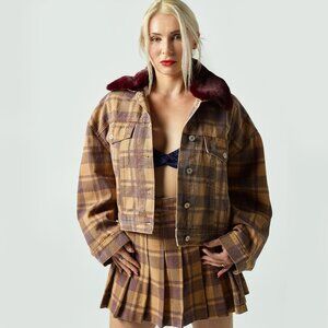 Brown Plaid Denim Jacket with Faux Fur Collar S,M,L